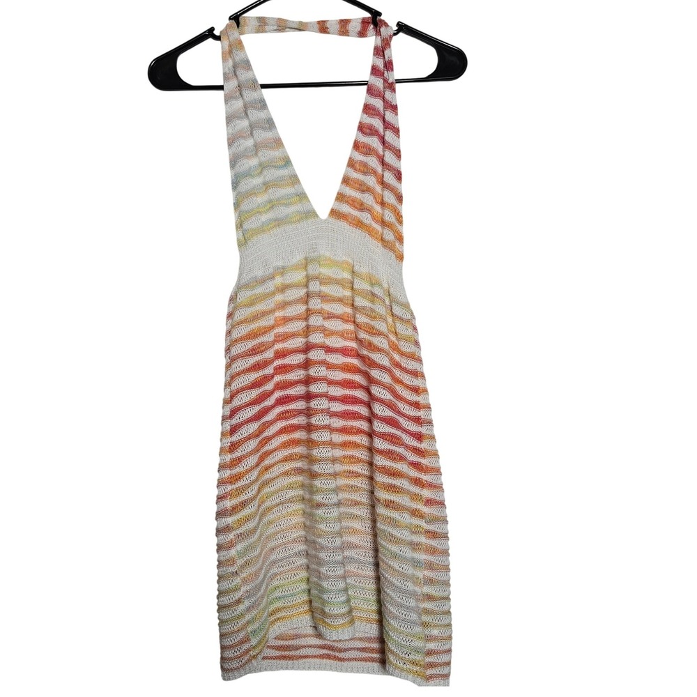 Stripe Knit Halter Mini Dress Small Open Back Summer Festival Boho Crochet Beach